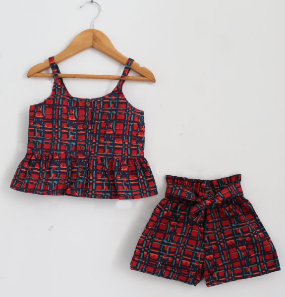 Image of Woonie Sleeveless Printed Top With Shorts-Red
