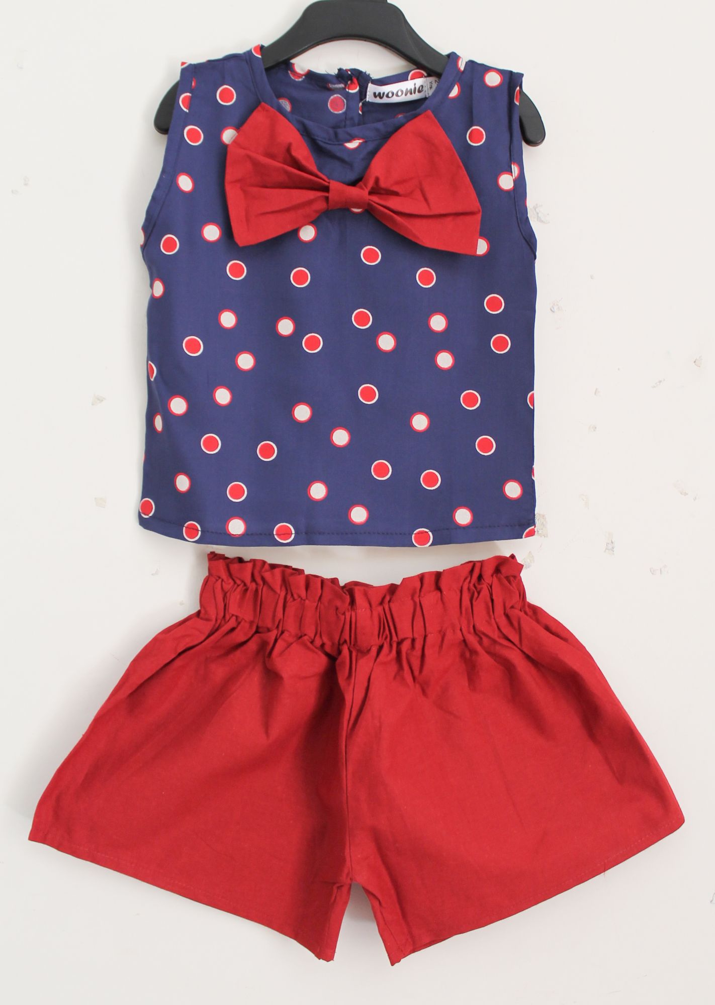Woonie Sleeveless Polka Dot Print Top With Shorts- Blue & Red
