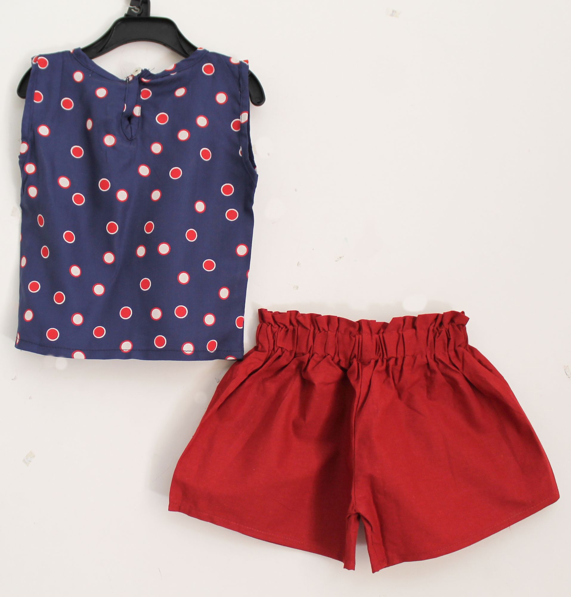 Woonie Sleeveless Polka Dot Print Top With Shorts- Blue & Red