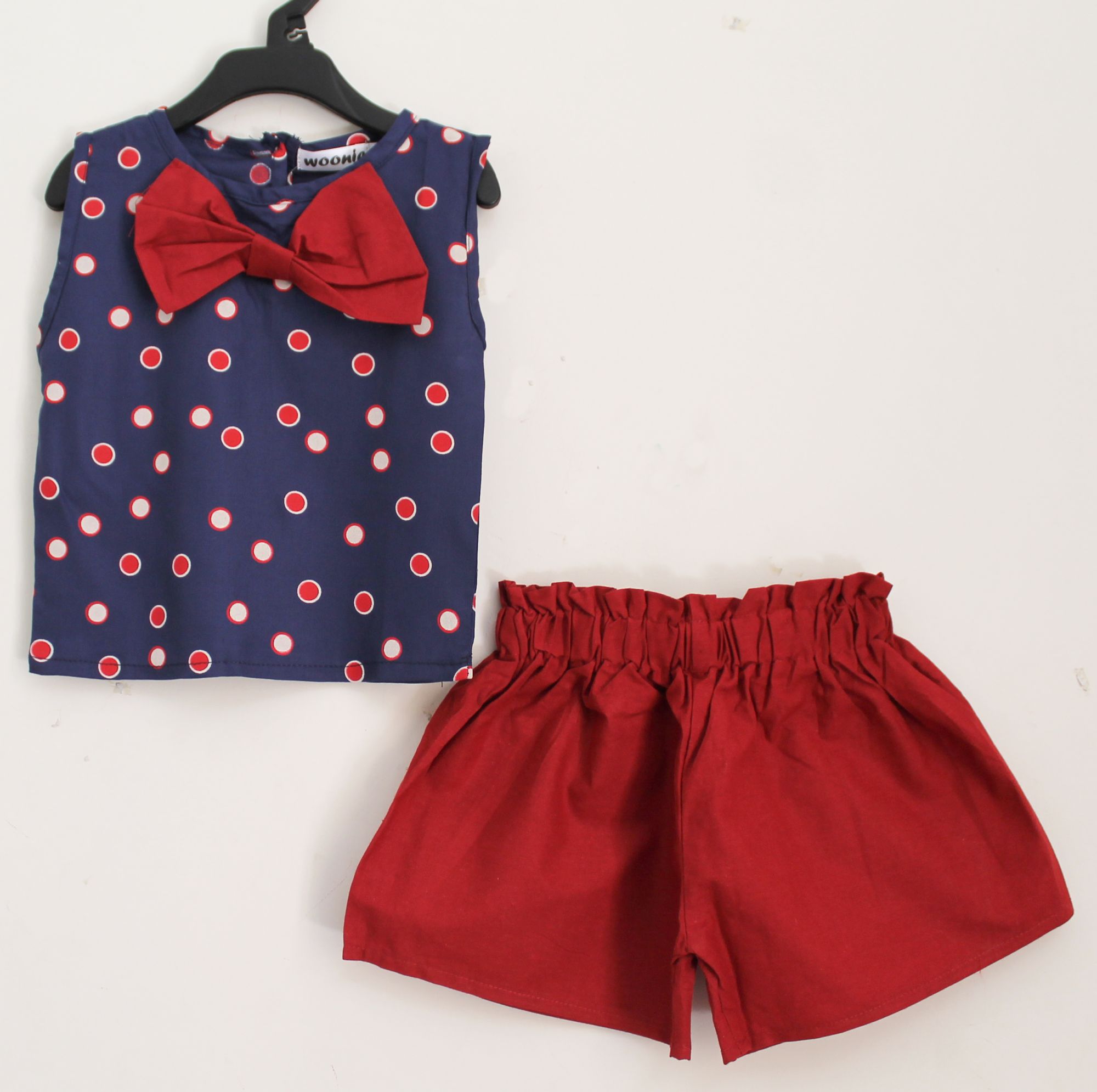 Woonie Sleeveless Polka Dot Print Top With Shorts- Blue & Red