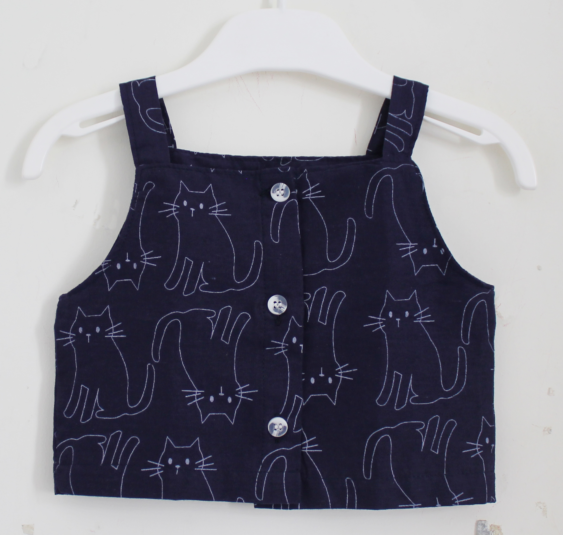 Woonie Sleeveless Cat Print Top With Bottom - Navy Blue