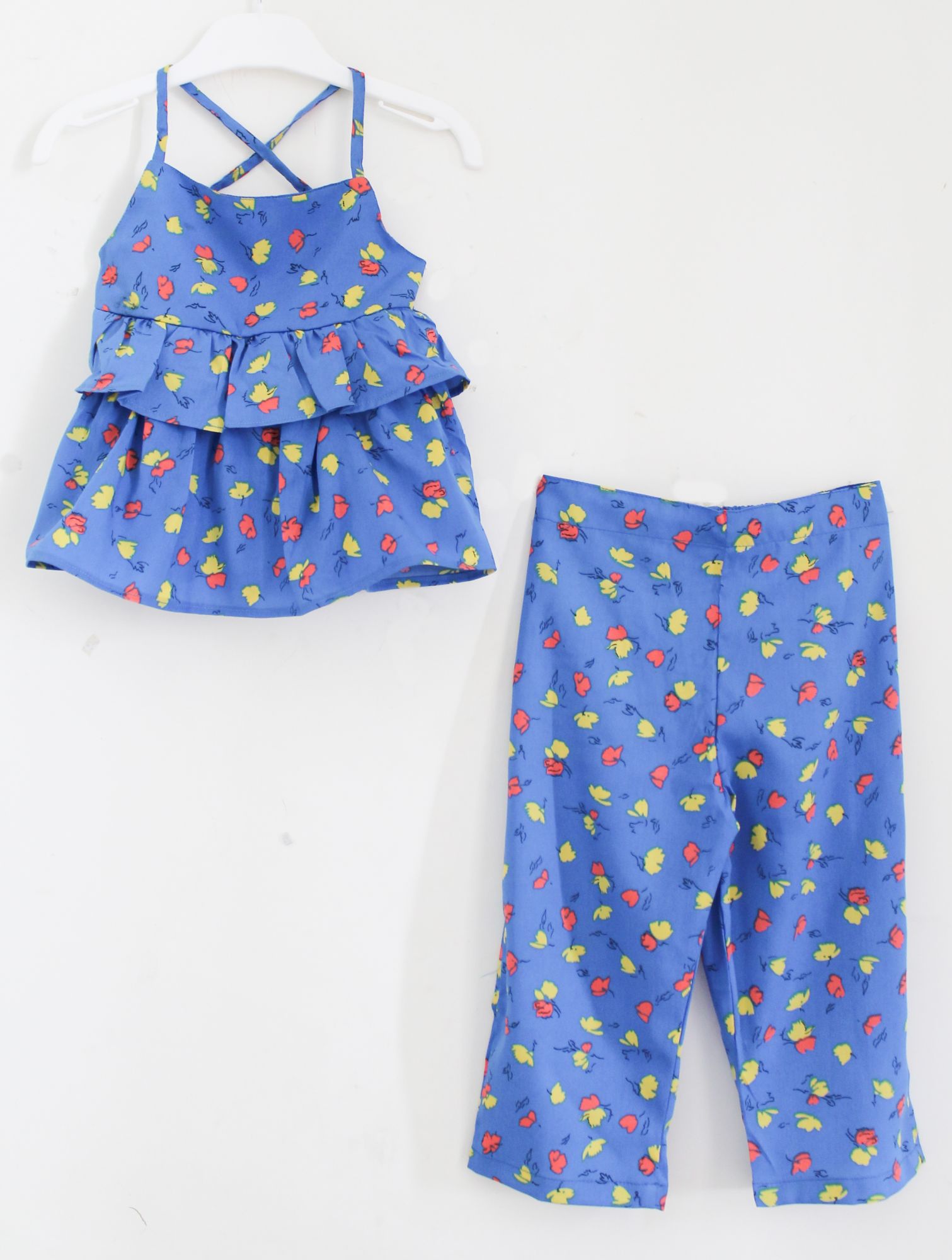 Woonie Sleeveless Flower Print Top With Bottom - Blue