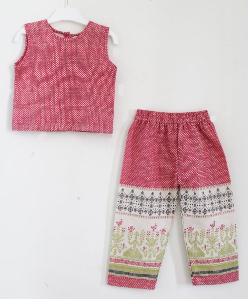 Image of Woonie Sleeveless Top With Printed Bottom  Set - Pink