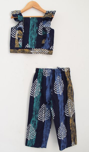Image of Woonie Sleeveless Leaves Print Top With Pants - Blue