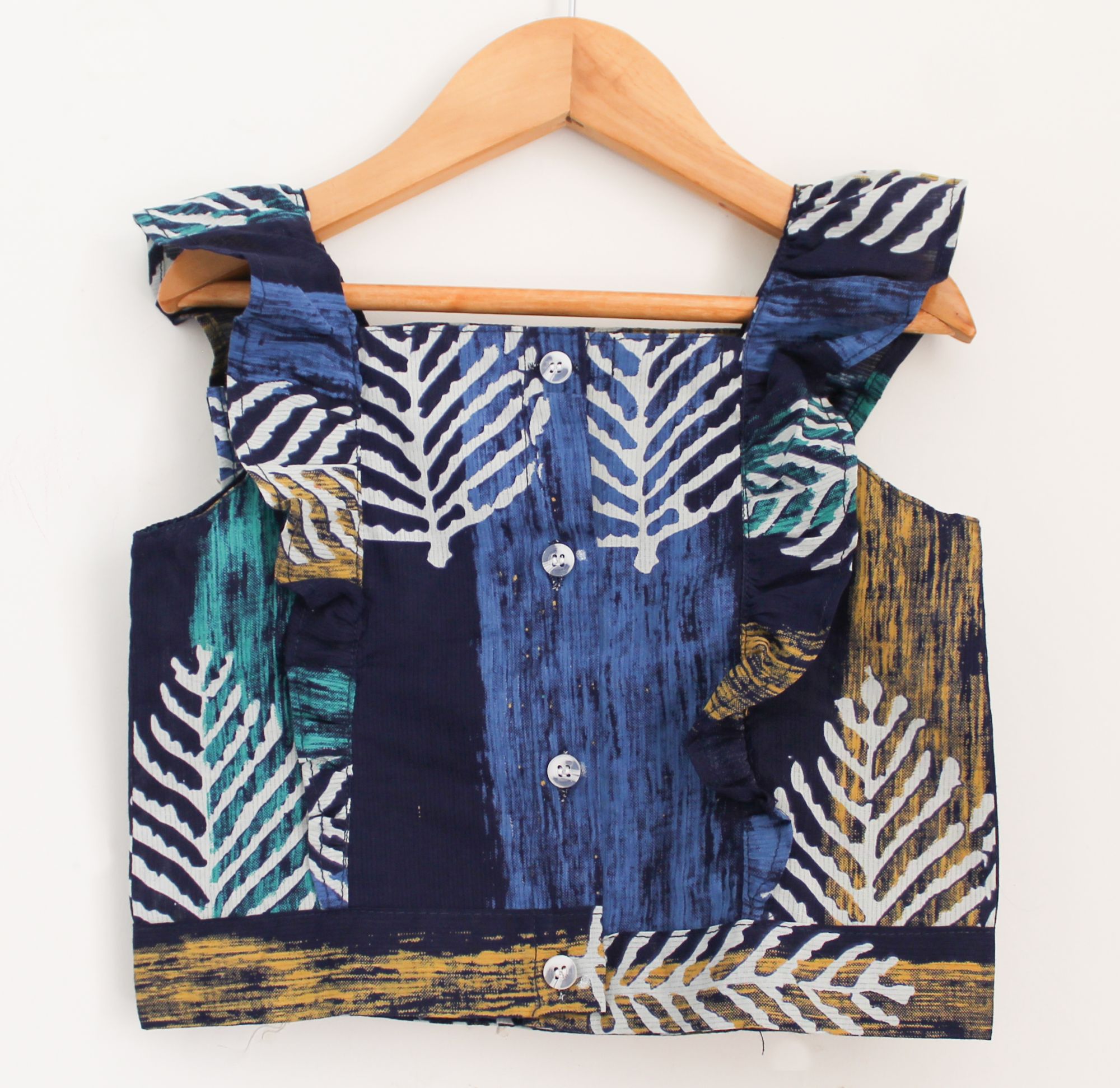 Woonie Sleeveless Leaves Print Top With Pants  Blue