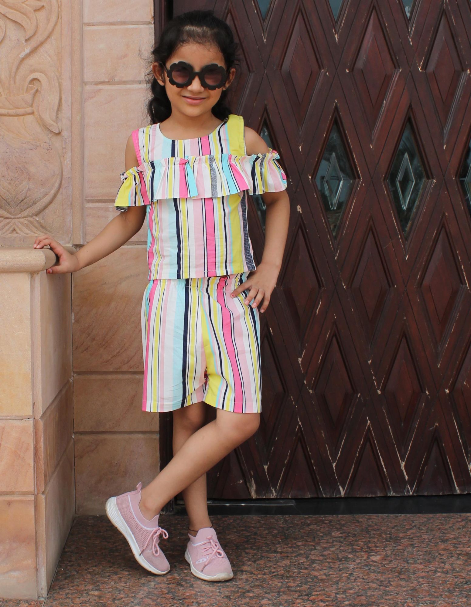 Woonie Short Sleeves Striped Top With Shorts - Multi Colour