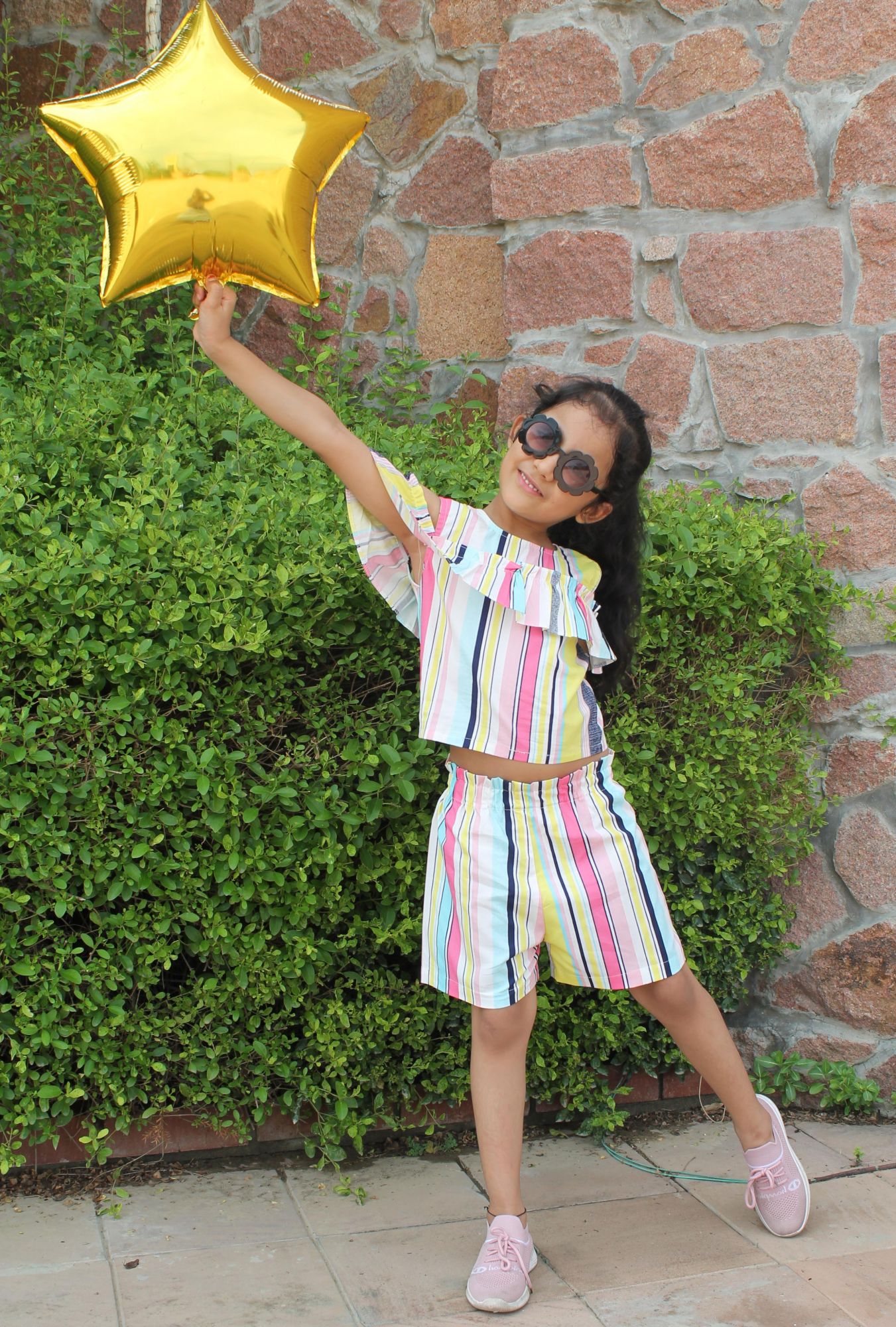 Woonie Short Sleeves Striped Top With Shorts - Multi Colour