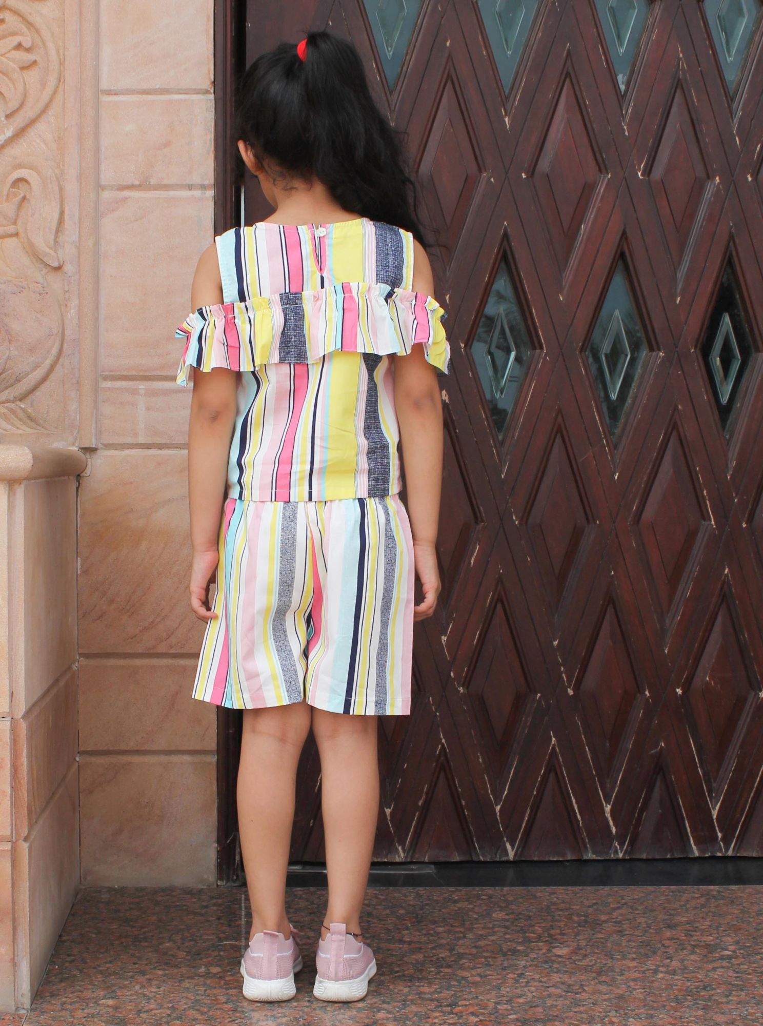 Woonie Short Sleeves Striped Top With Shorts - Multi Colour