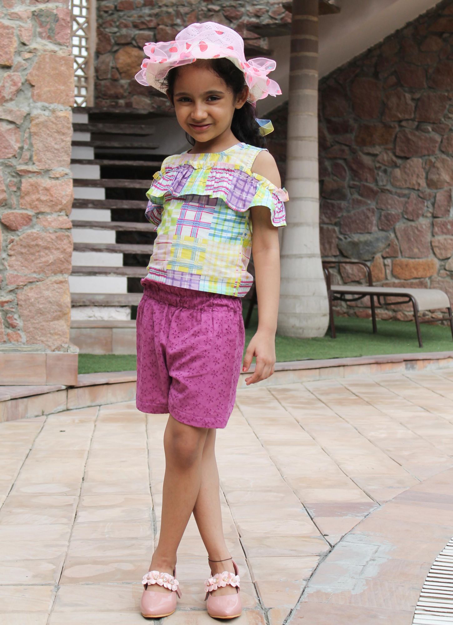 Woonie Short Sleeves Checkered Top With Shorts - Purple