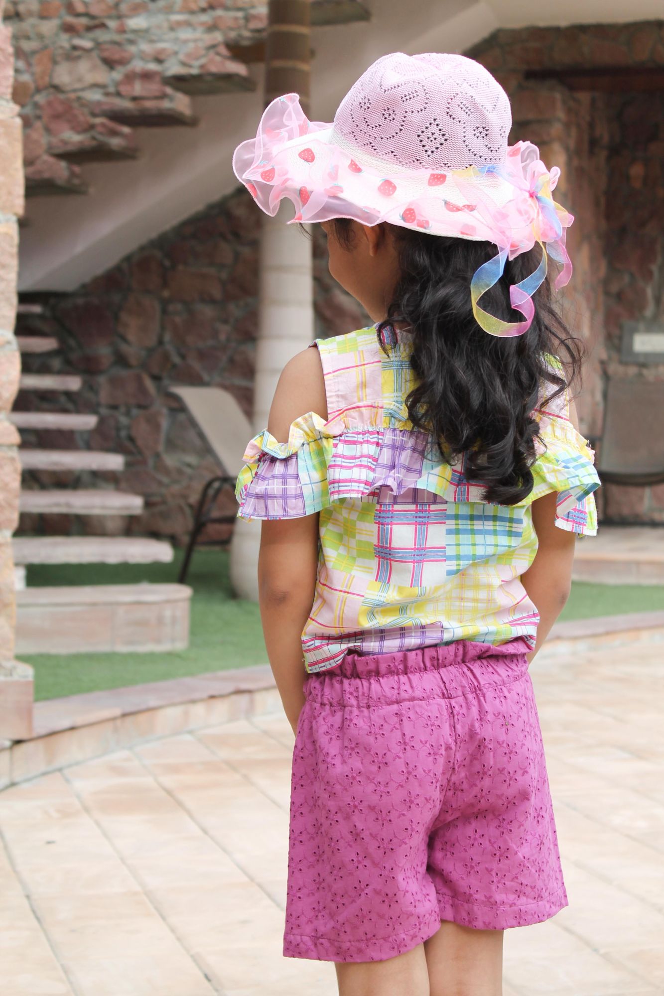 Woonie Short Sleeves Checkered Top With Shorts - Purple