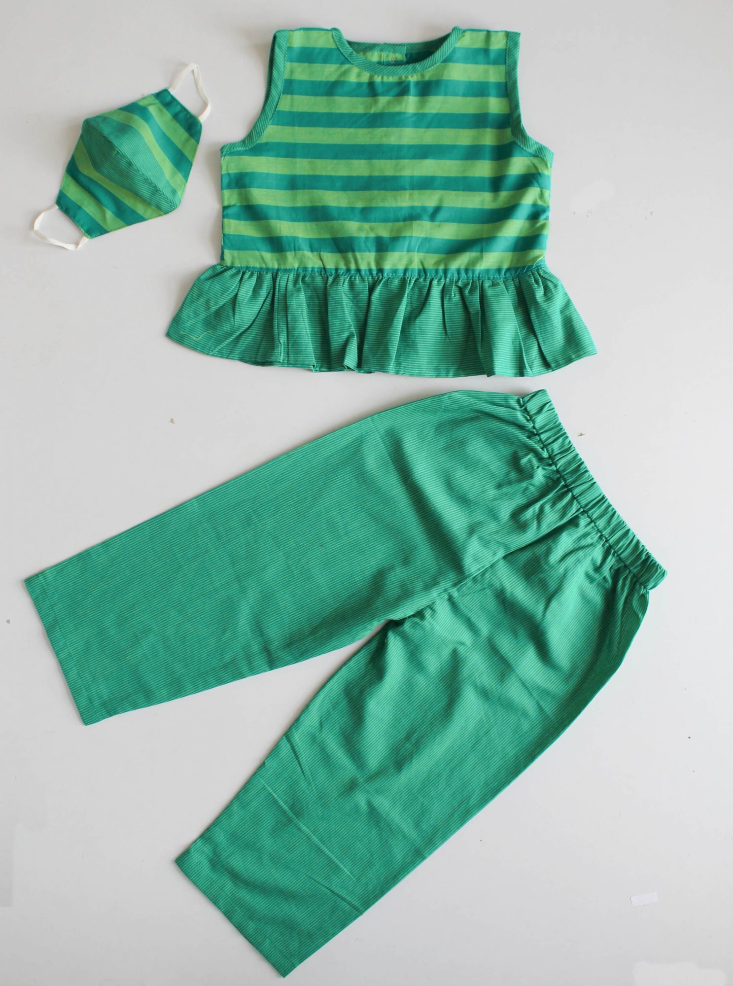 Woonie Sleeveless Striped Top With Pants & Face Mask - Green