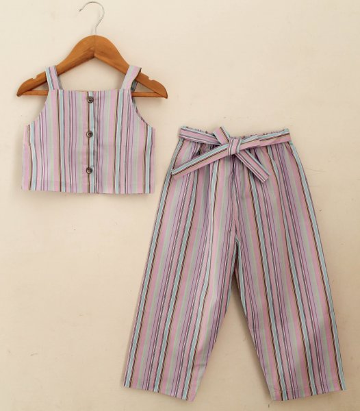 Image of Woonie Sleeveless Stripped Top &amp; Pant Set-Lavender