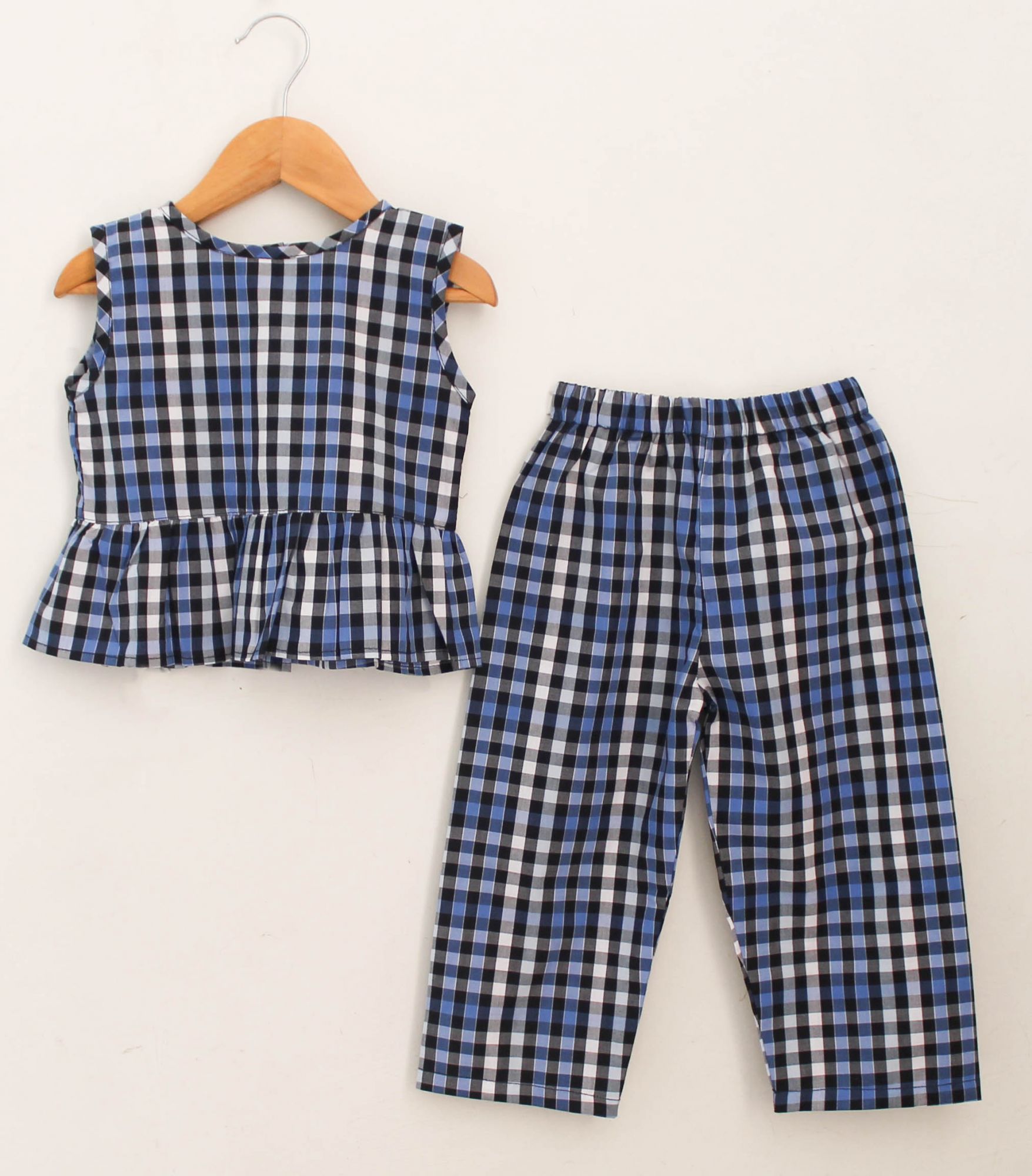 Woonie Sleeveless Checked Top With Pant-Blue