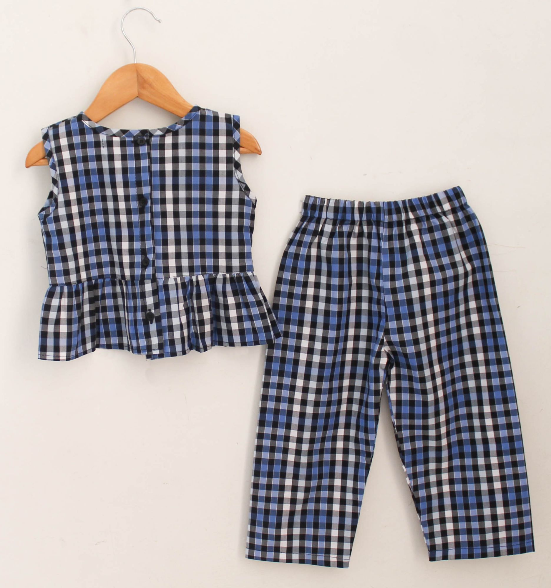 Woonie Sleeveless Checked Top With Pant-Blue