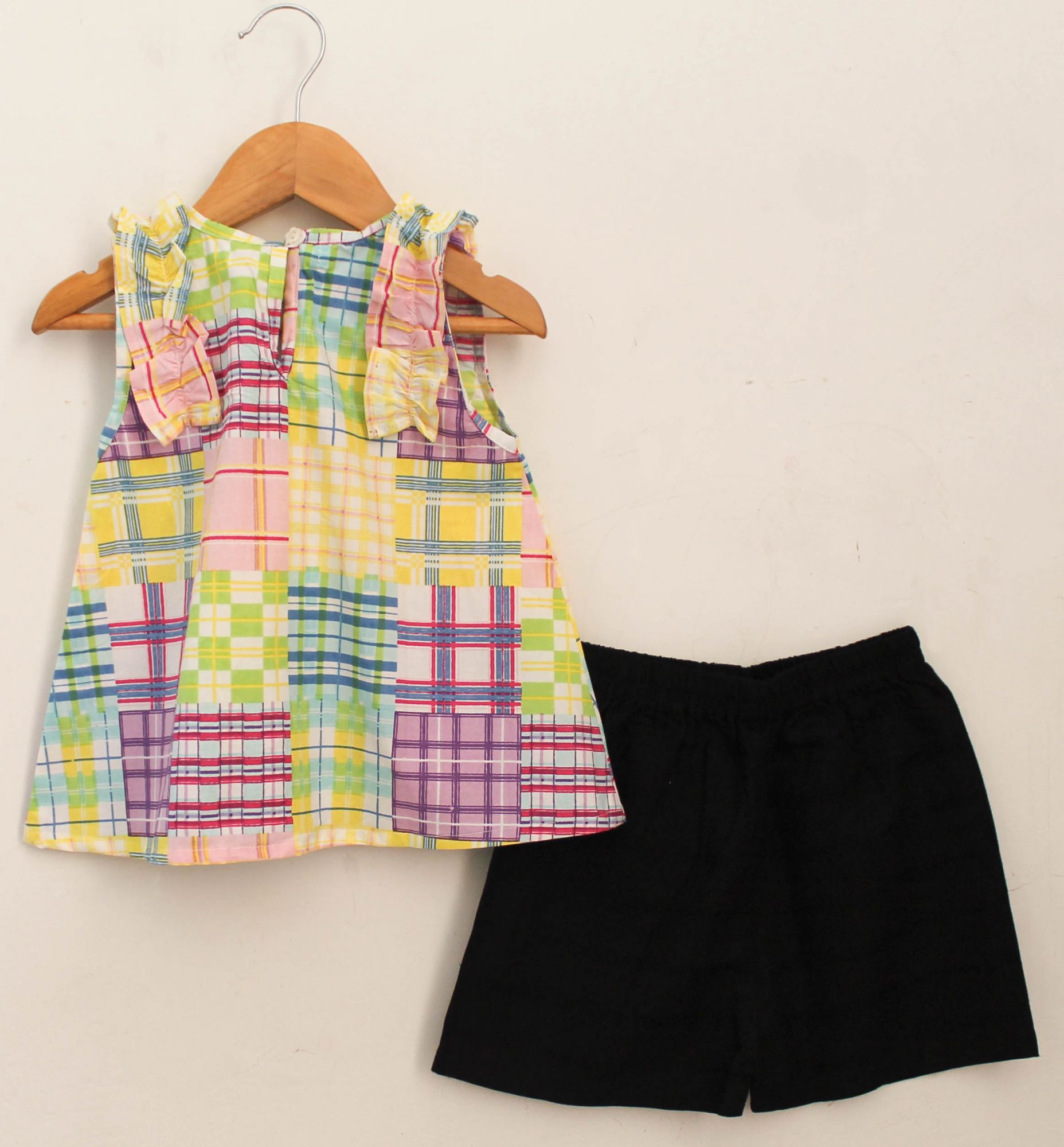 Woonie Sleeveless Checks Print Ruffle Top With Shorts-Multicolored