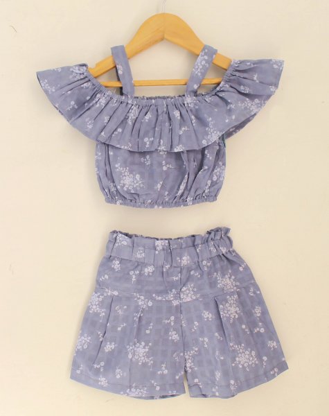 Image of Woonie Off Shoulder Sleeves Floral Printed Top &amp; Shorts-Light Blue