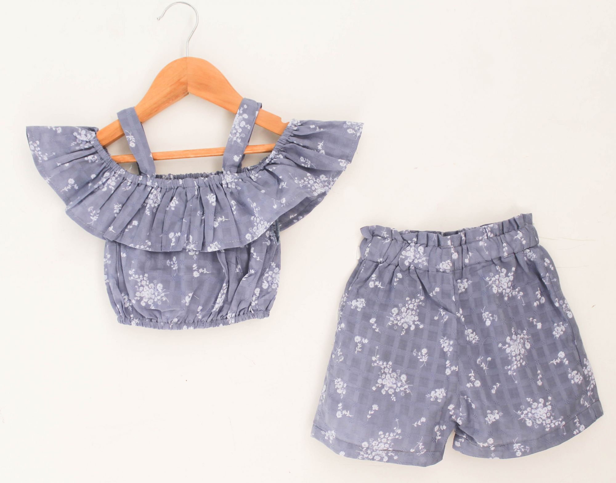 Woonie Off Shoulder Sleeves Floral Printed Top  ShortsLight Blue