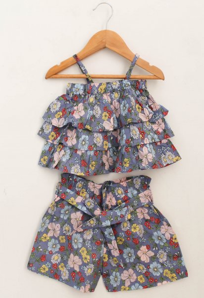 Image of Woonie Sleeveless Frill Design Floral Top With Shorts-Grey