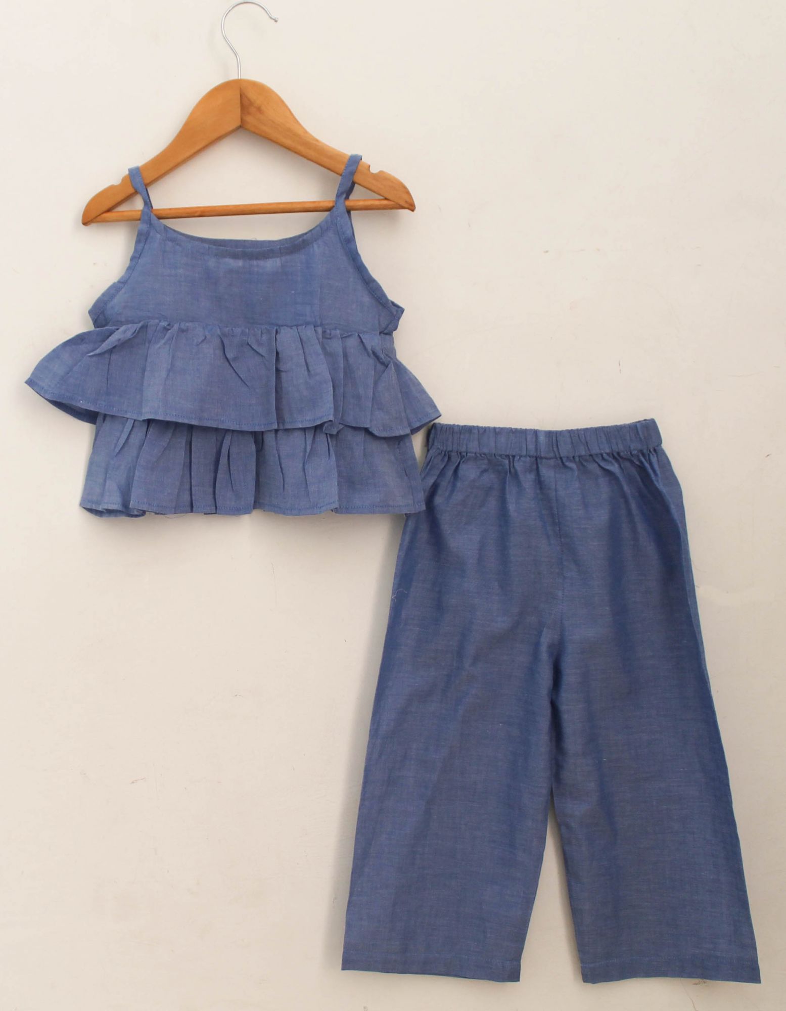 Woonie Sleeveless Frill Design Top With PantBlue