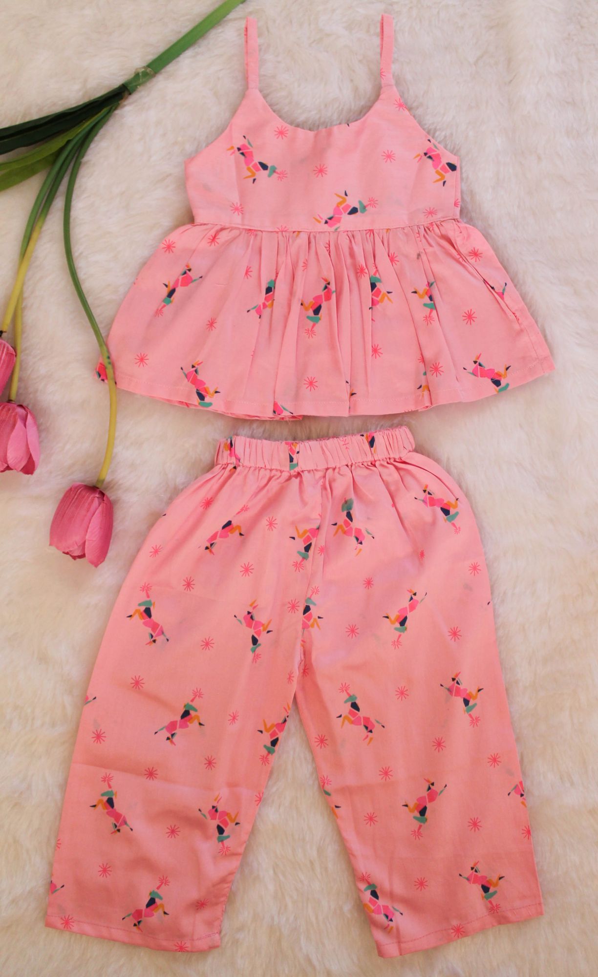 Woonie Sleeveless Unicorn Printed Top With Pant-Pink