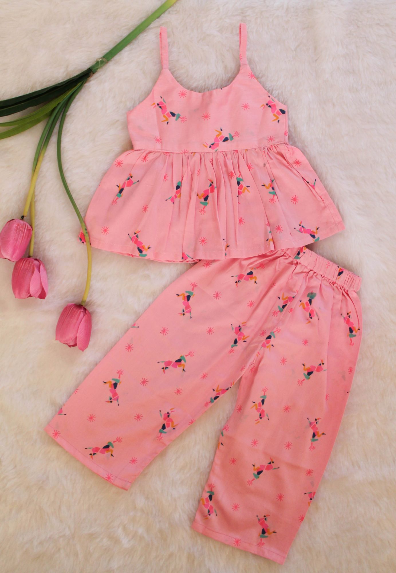 Woonie Sleeveless Unicorn Printed Top With Pant-Pink