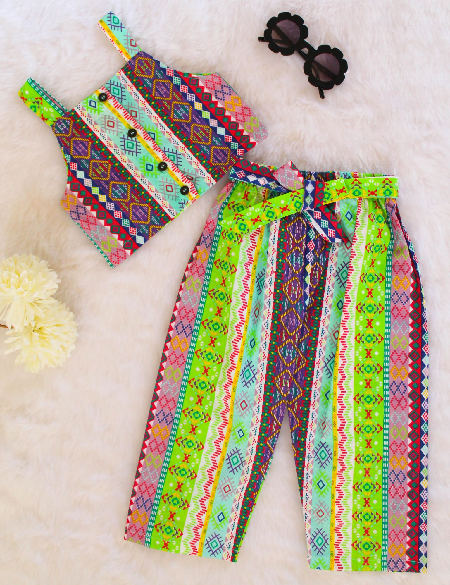 Woonie Sleeveless Abstract Print Top With Pant-Multicolored