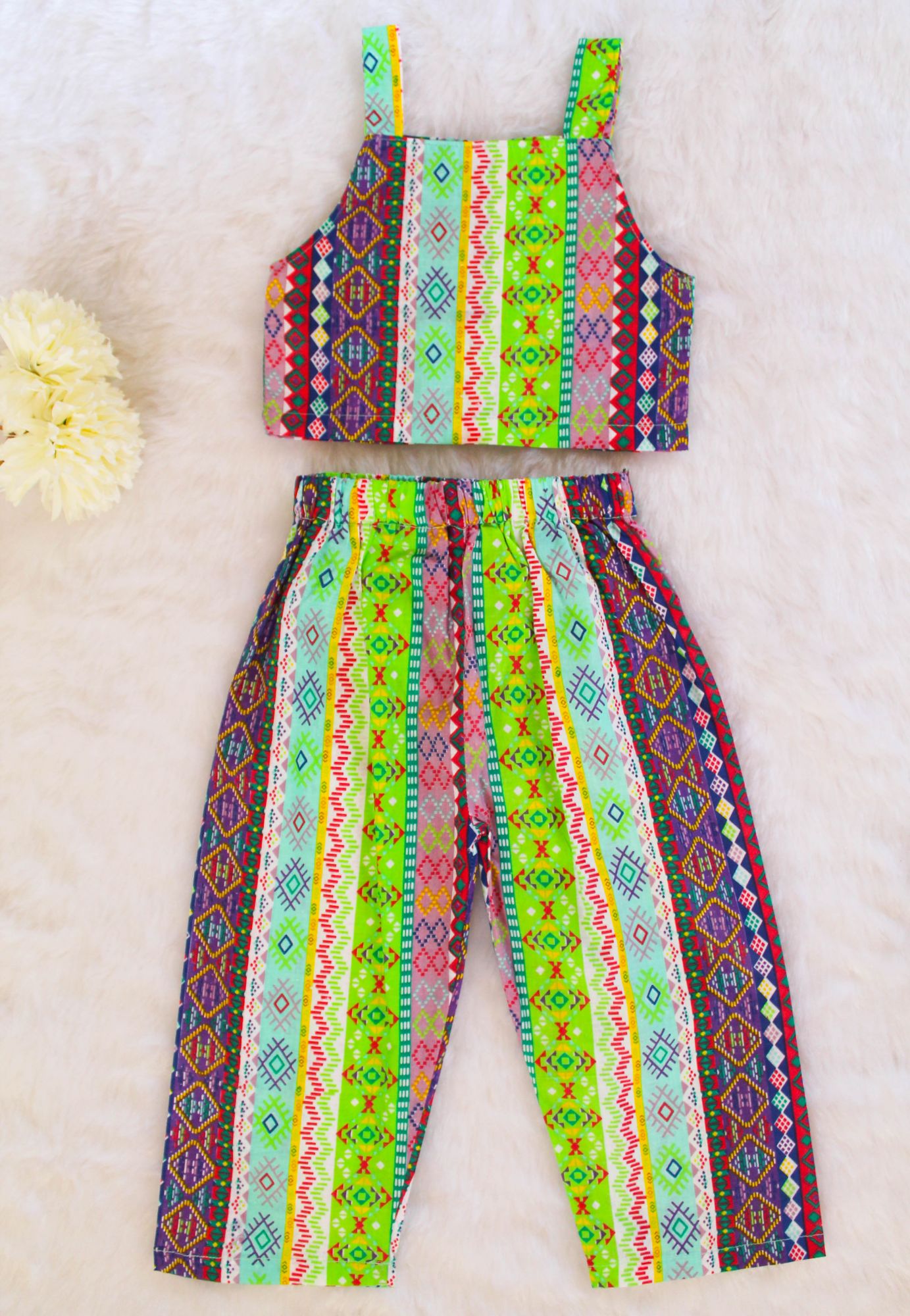 Woonie Sleeveless Abstract Print Top With Pant-Multicolored