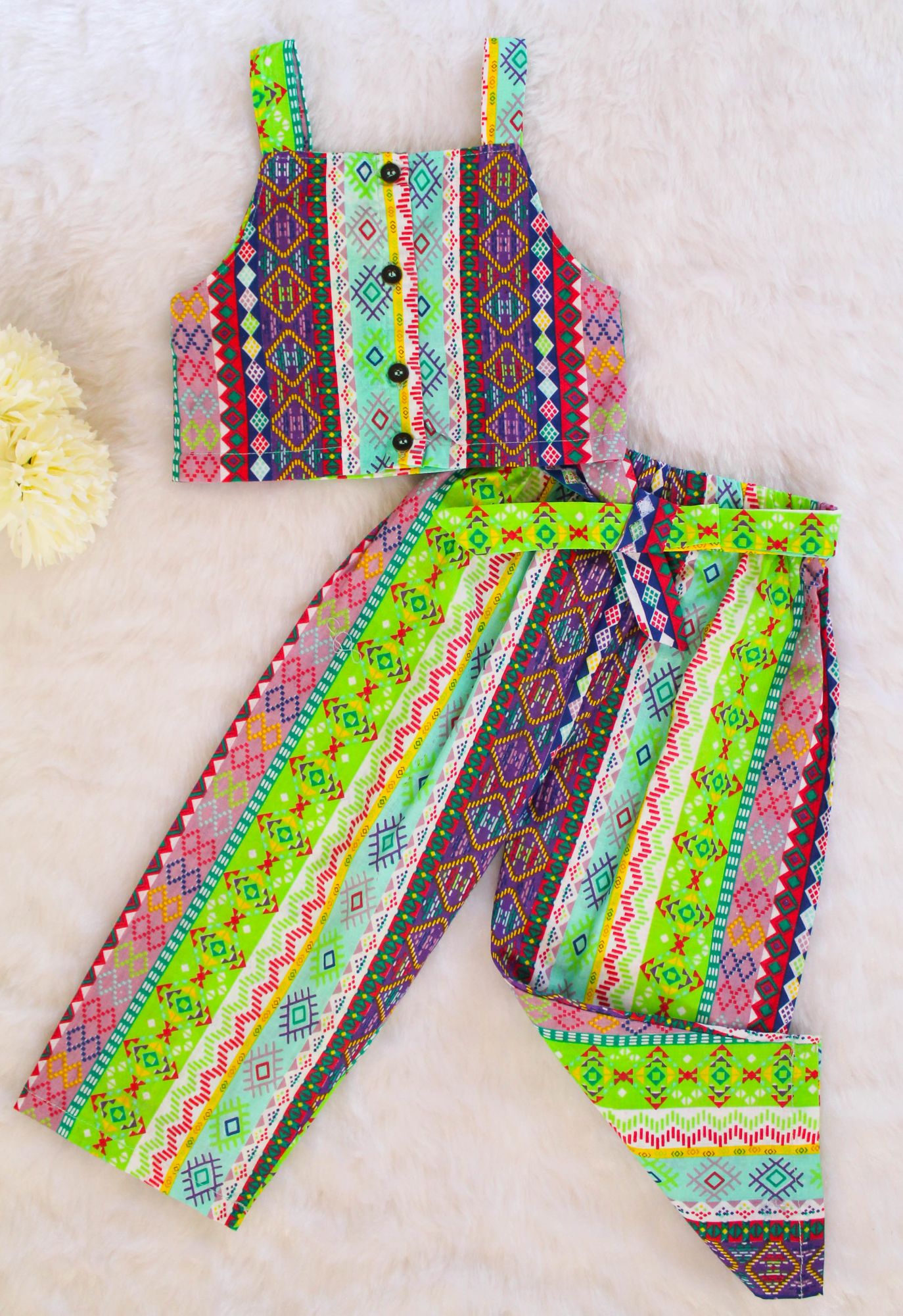 Woonie Sleeveless Abstract Print Top With Pant-Multicolored