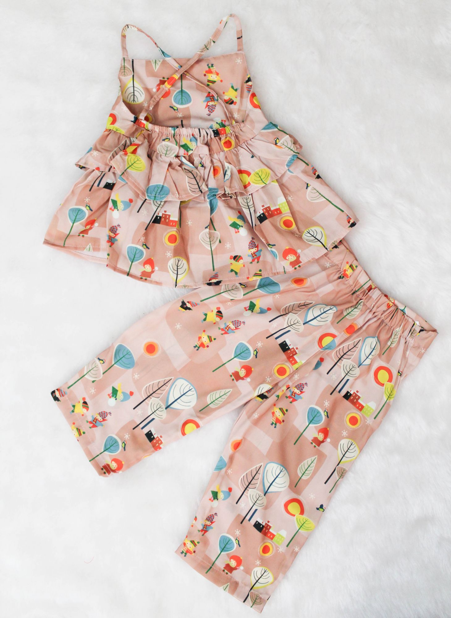Woonie Sleeveless Digital Printed Cross Back Detailing Top With Culottes-Beige