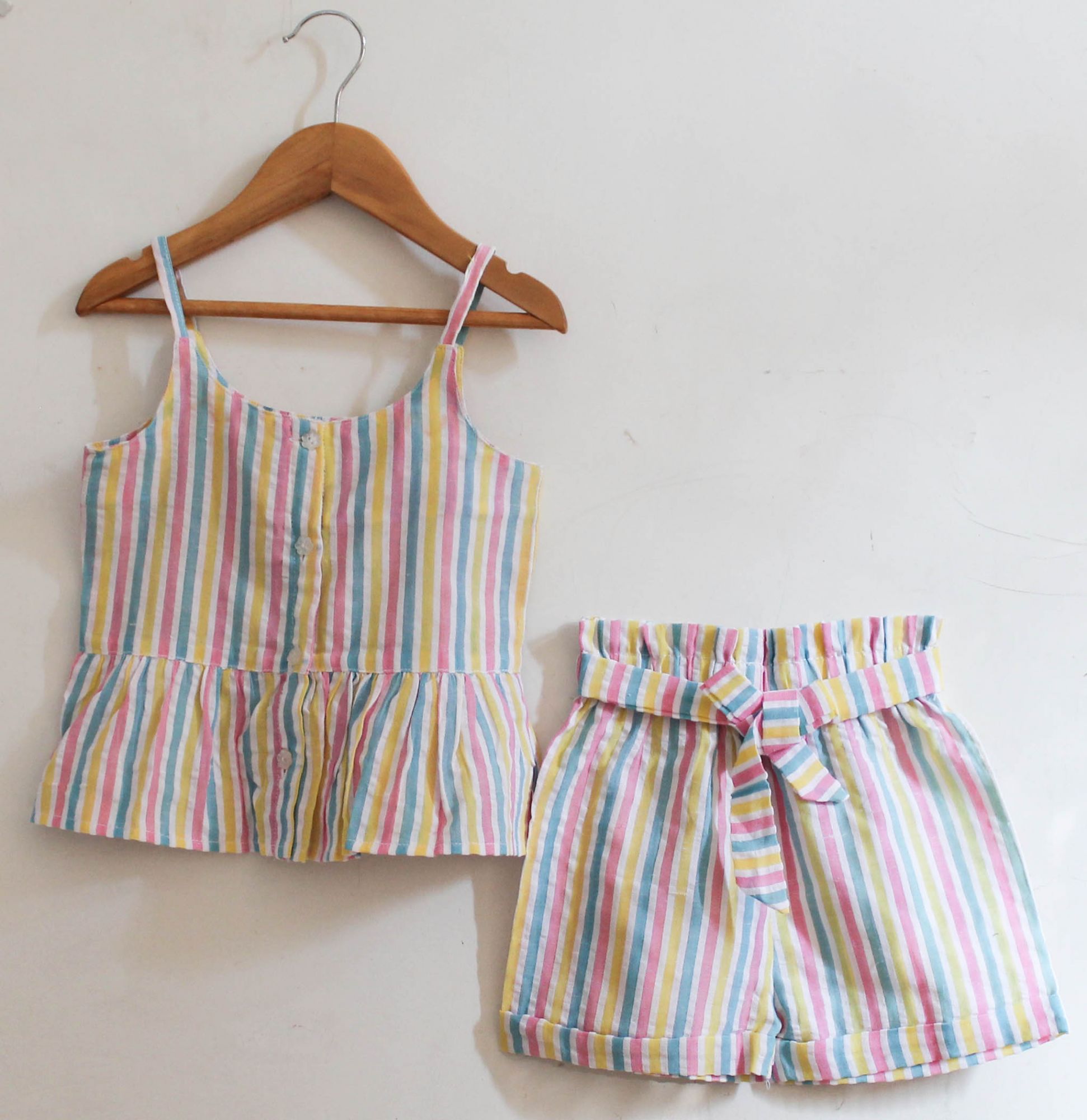 Woonie Sleeveless Stripped Top With Shorts-Multicolored