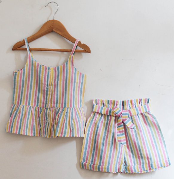 Image of Woonie Sleeveless  Stripped Top With Shorts-Multicolored