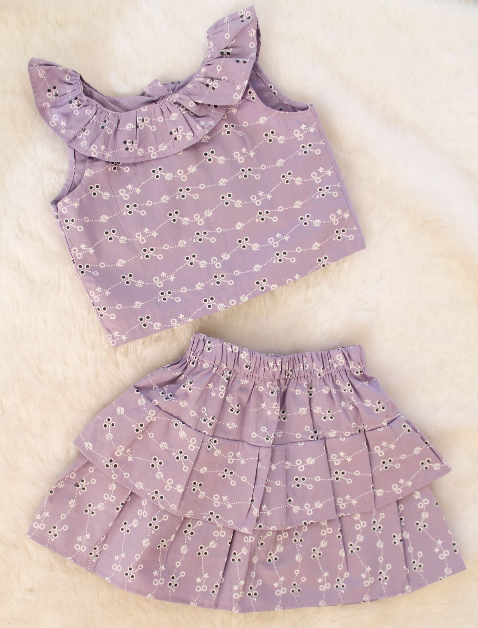 Woonie Sleeveless Embroidered Frill Top With Skirt-Purple