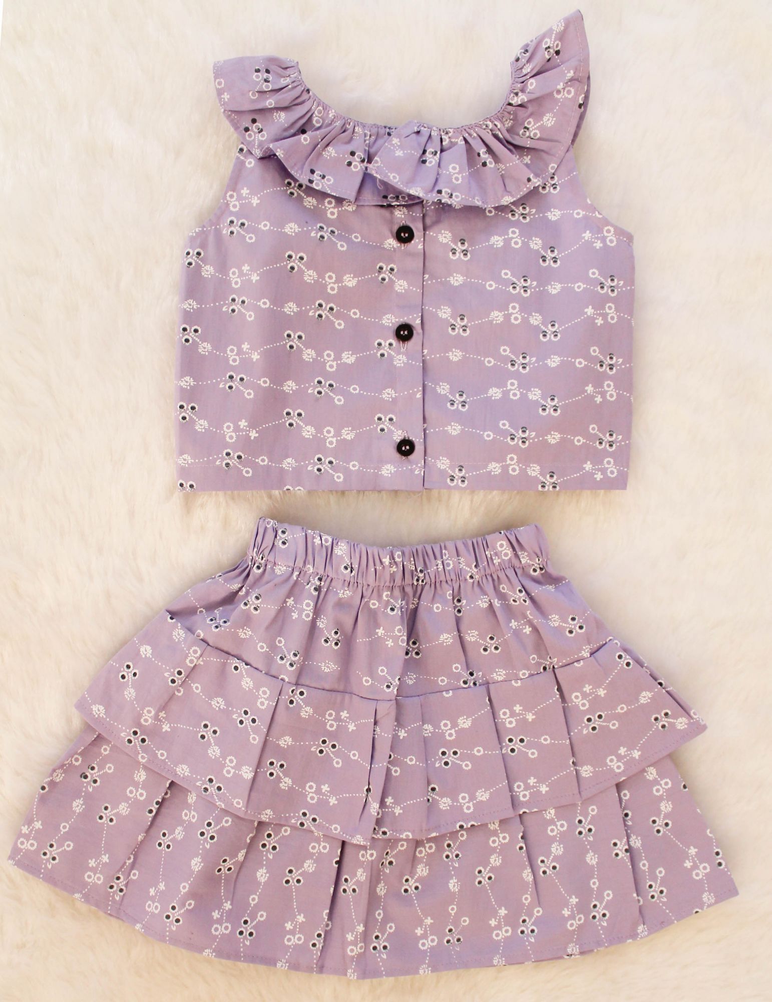 Woonie Sleeveless Embroidered Frill Top With Skirt-Purple