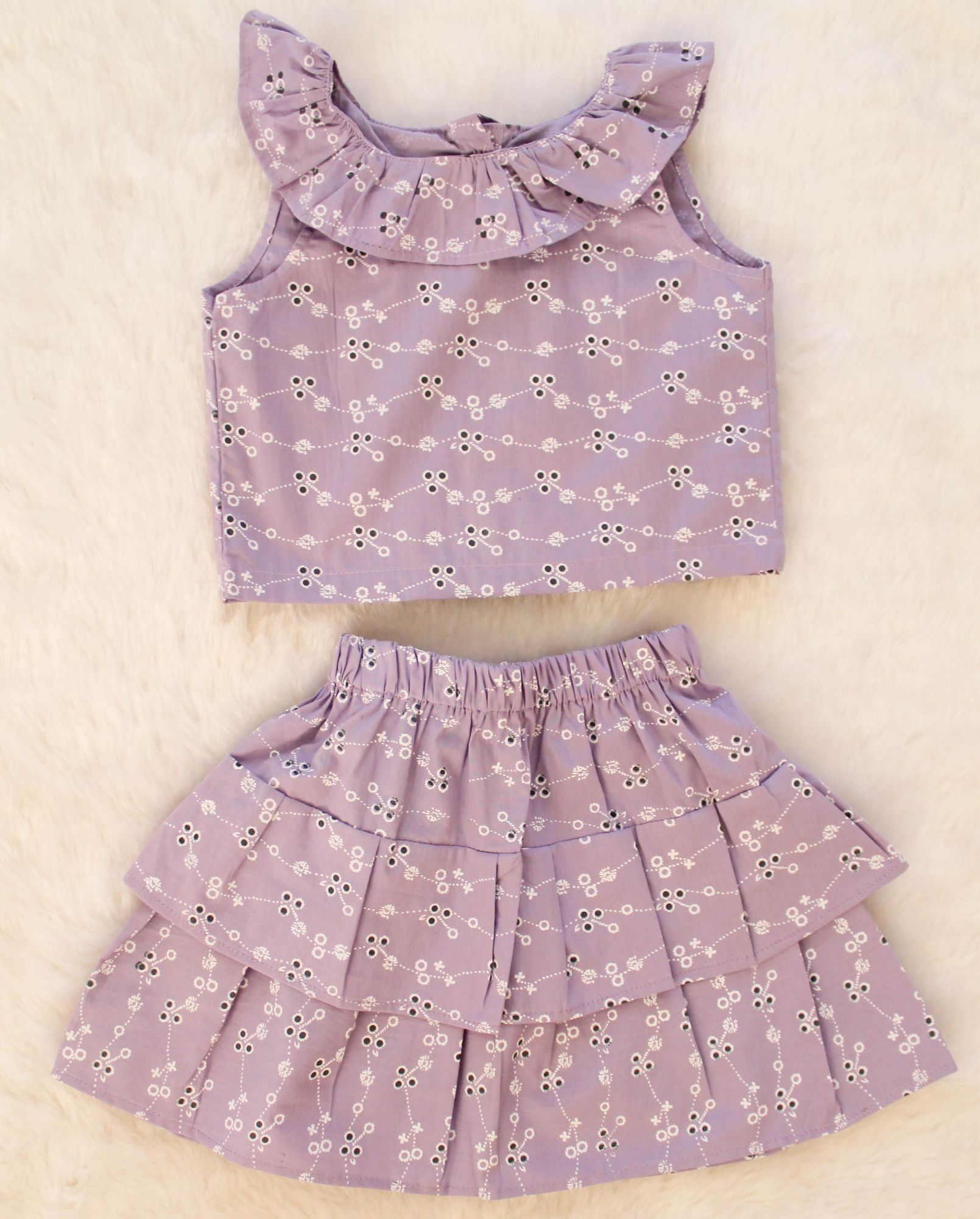 Woonie Sleeveless Embroidered Frill Top With Skirt-Purple