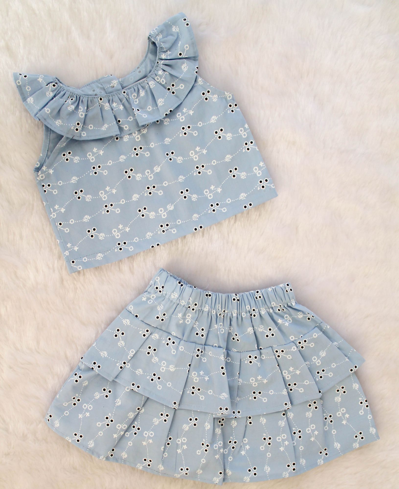 Woonie Sleeveless Embroidered Frill Top With Skirt-Light Blue