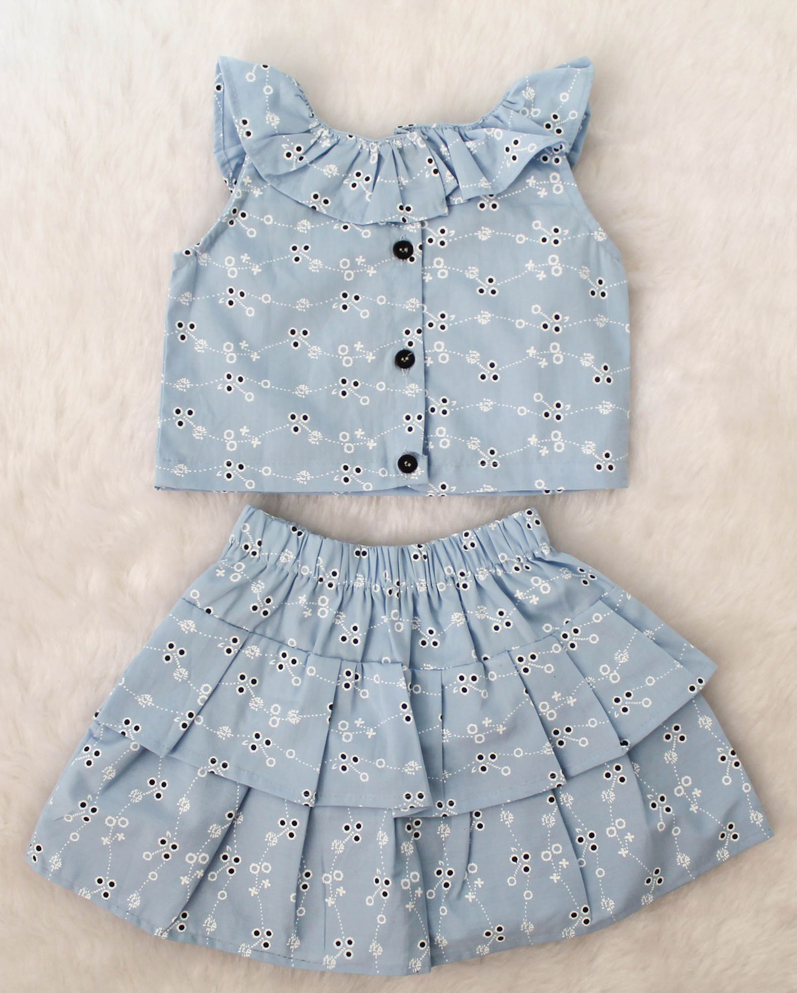 Woonie Sleeveless Embroidered Frill Top With Skirt-Light Blue