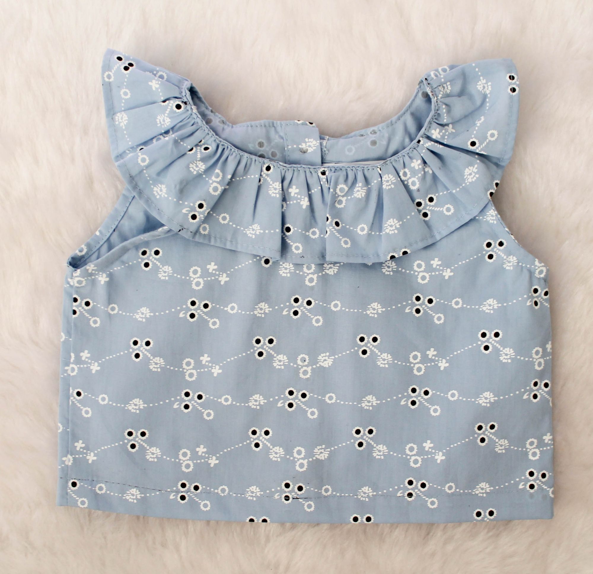 Woonie Sleeveless Embroidered Frill Top With Skirt-Light Blue