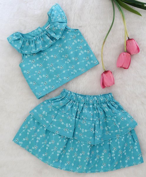 Image of Woonie Sleeveless Embroidered Frill Top  With Skirt-Blue