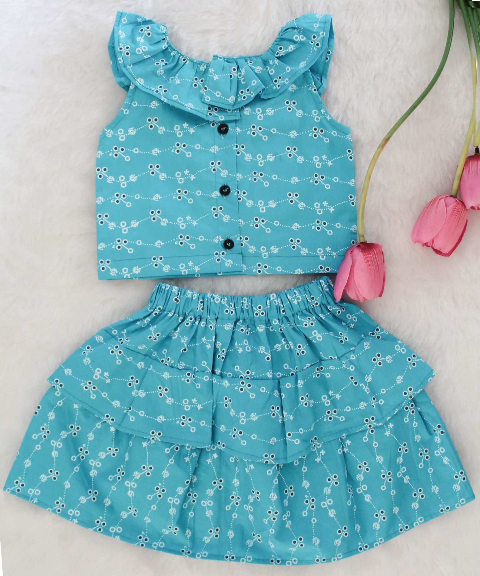 Woonie Sleeveless Embroidered Frill Top  With SkirtBlue