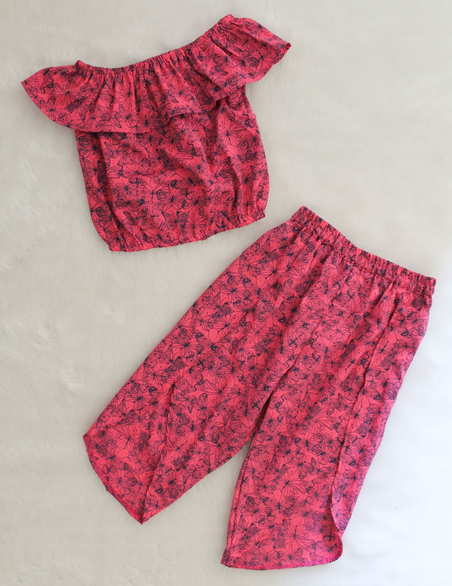 Woonie Off Shoulder Sleeves Butterfly Print Off Shoulder Top With Pants - Pink