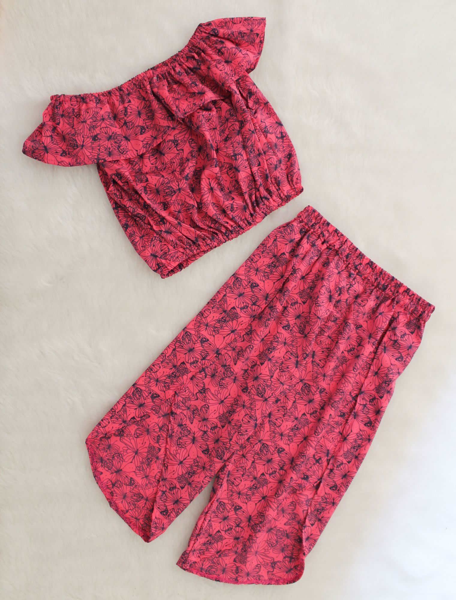 Woonie Off Shoulder Sleeves Butterfly Print Off Shoulder Top With Pants - Pink