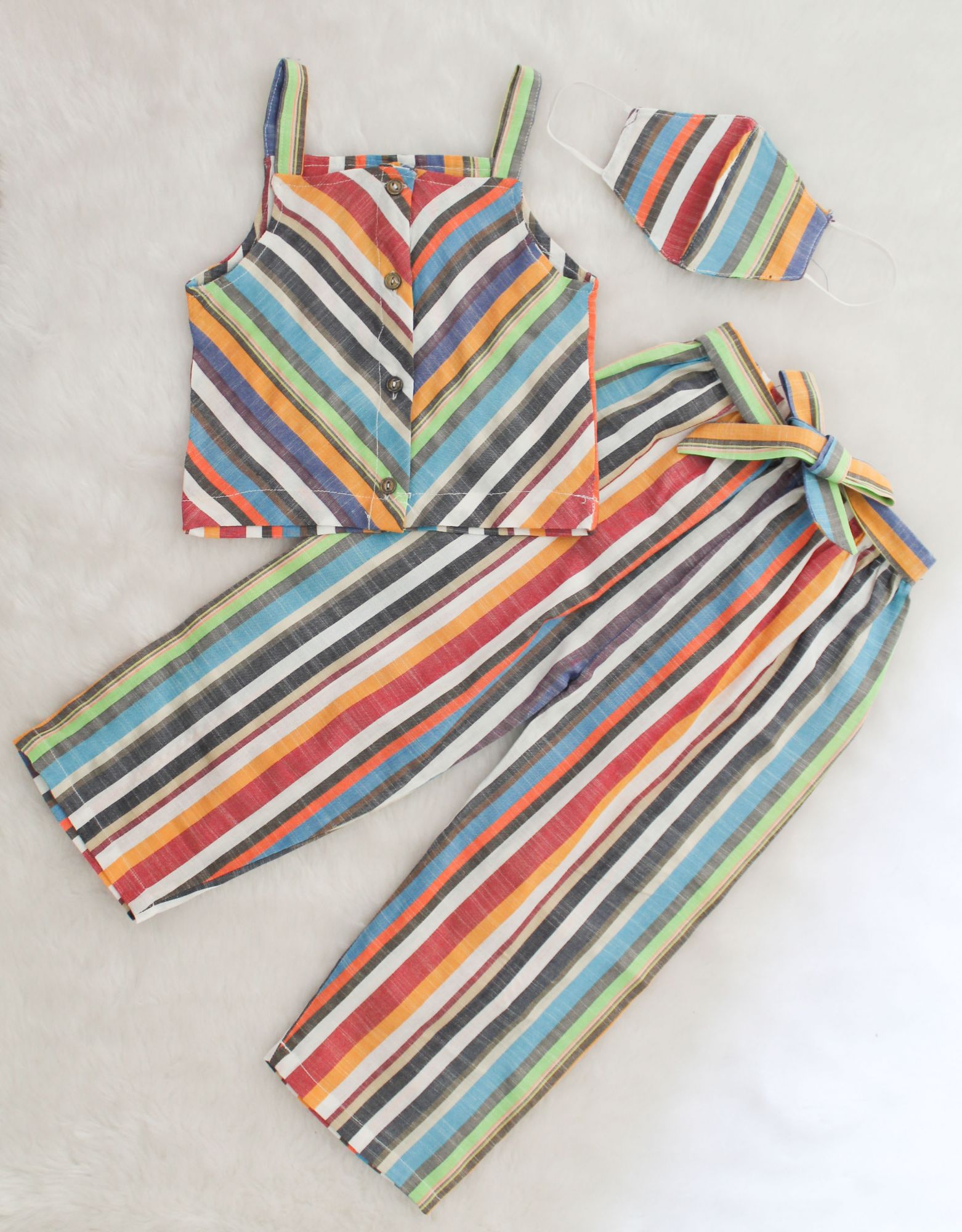 Woonie Sleeveless Striped Pattern Top With Pant & Mask - Multi Colour