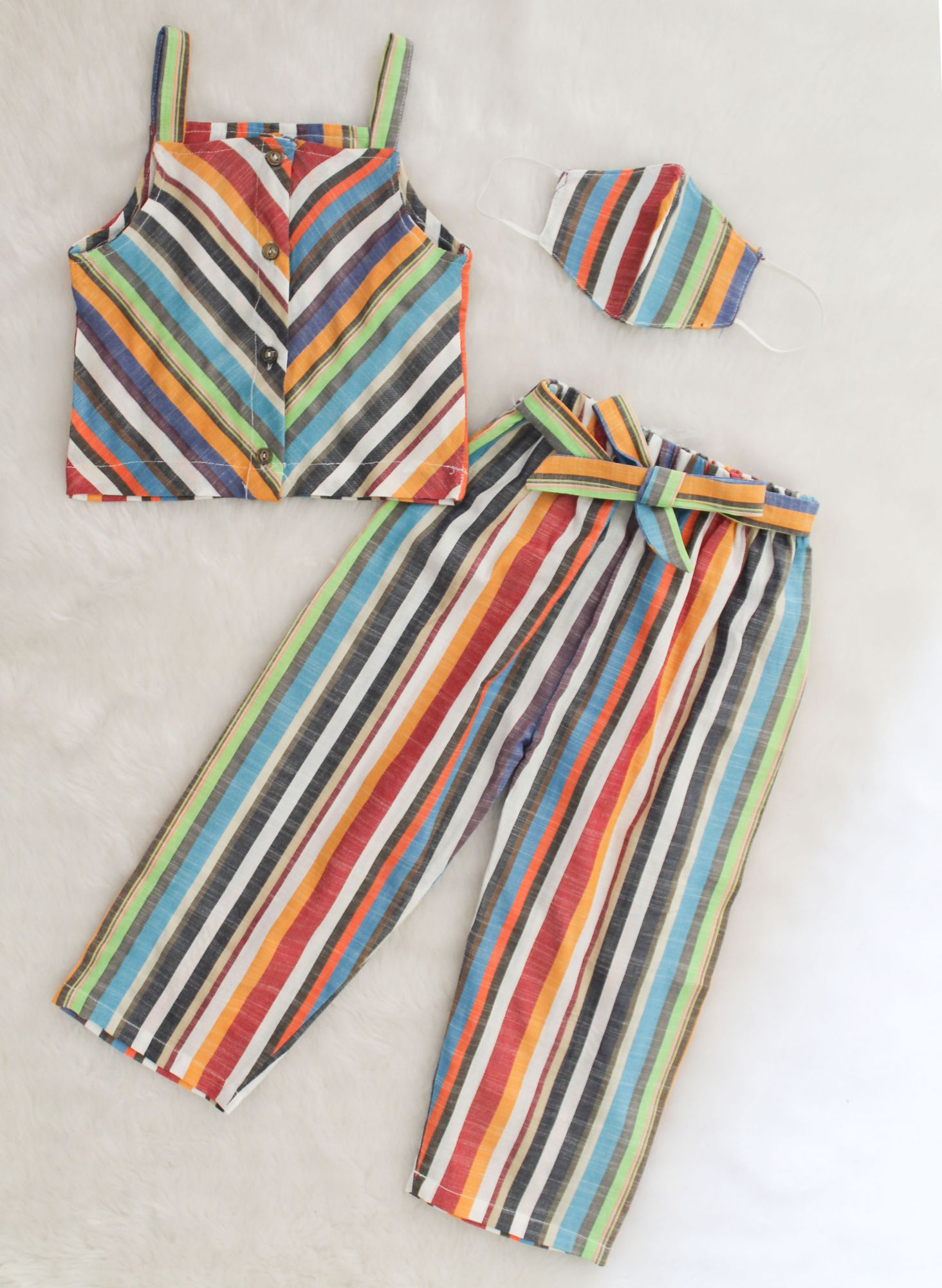 Woonie Sleeveless Striped Pattern Top With Pant & Mask - Multi Colour