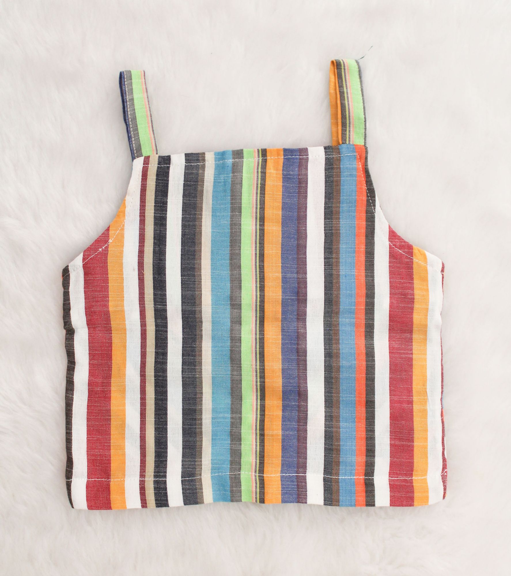 Woonie Sleeveless Striped Pattern Top With Pant & Mask - Multi Colour
