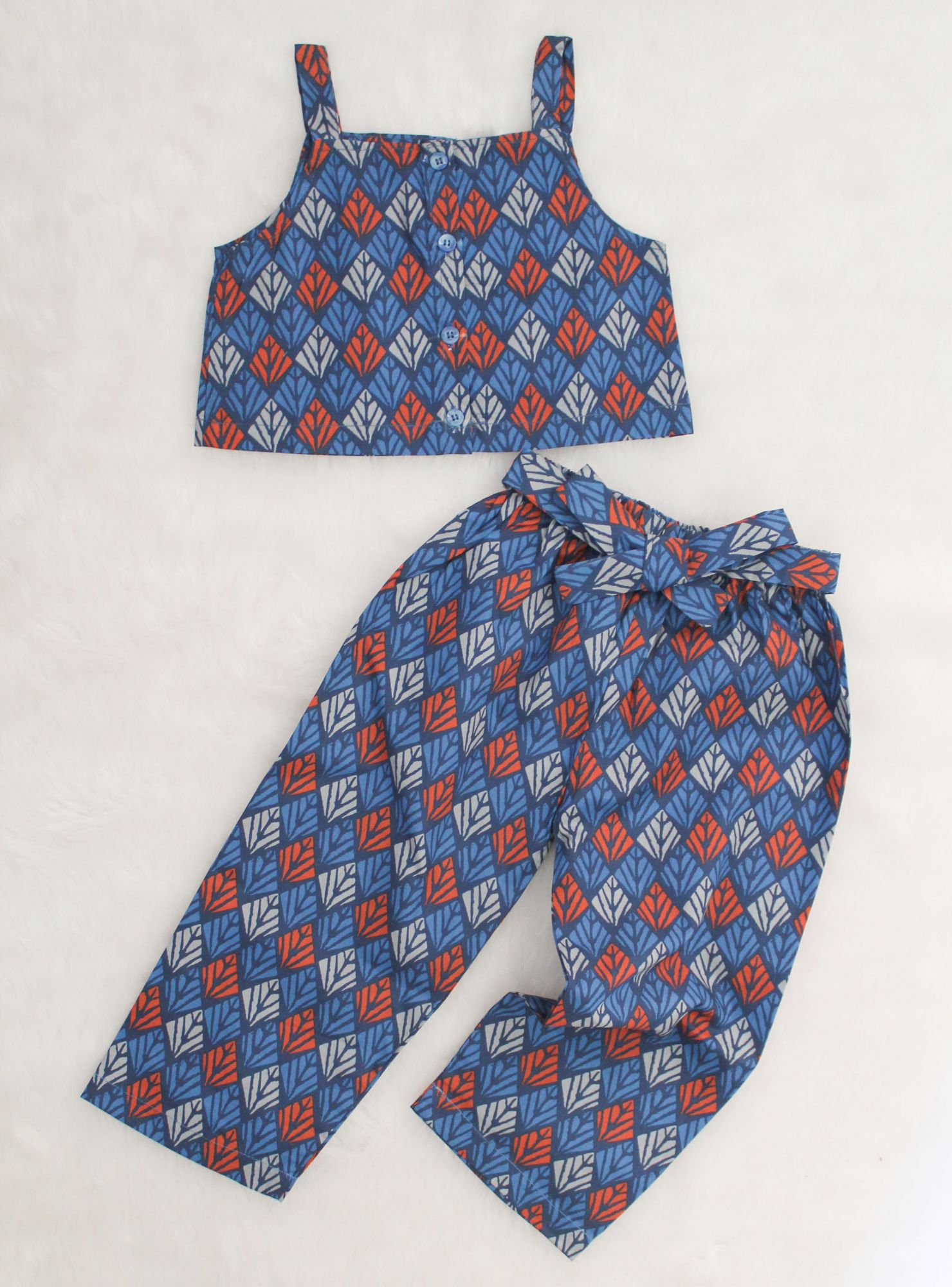 Woonie Sleeveless Motif Print Strap Top With Bottom - Blue