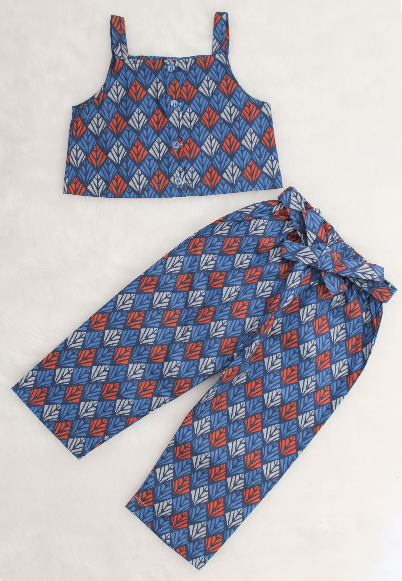 Woonie Sleeveless Motif Print Strap Top With Bottom - Blue