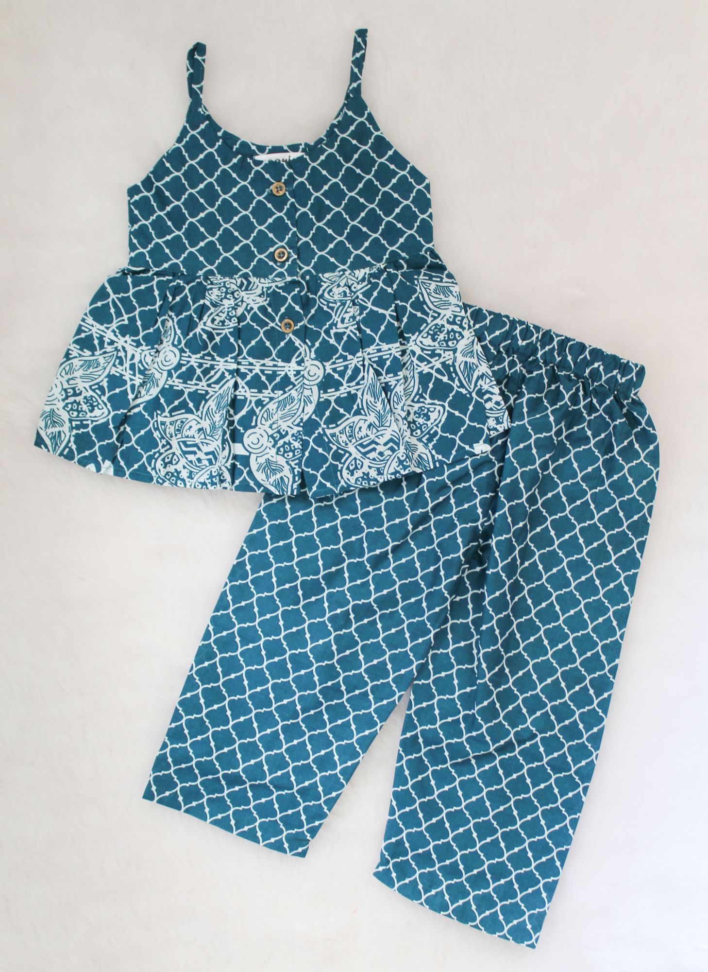 Woonie Sleeveless Motif Printed Strappy Top With Pants - Blue