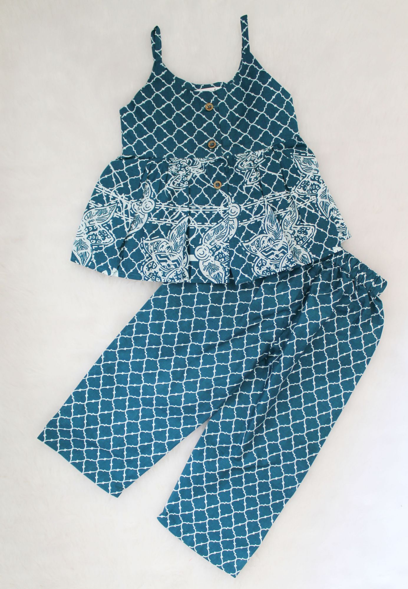 Woonie Sleeveless Motif Printed Strappy Top With Pants - Blue