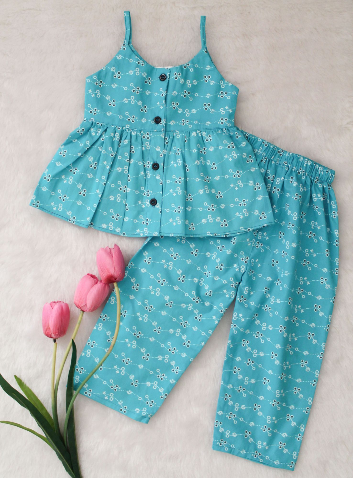 Woonie Sleeveless Printed Top With Pant - Blue