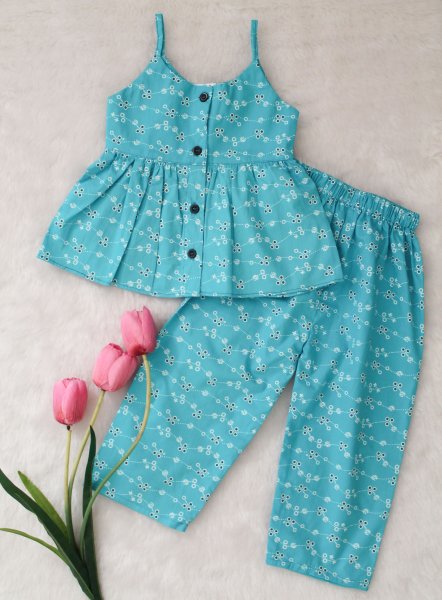 Image of Woonie Sleeveless Printed Top With Pant - Blue